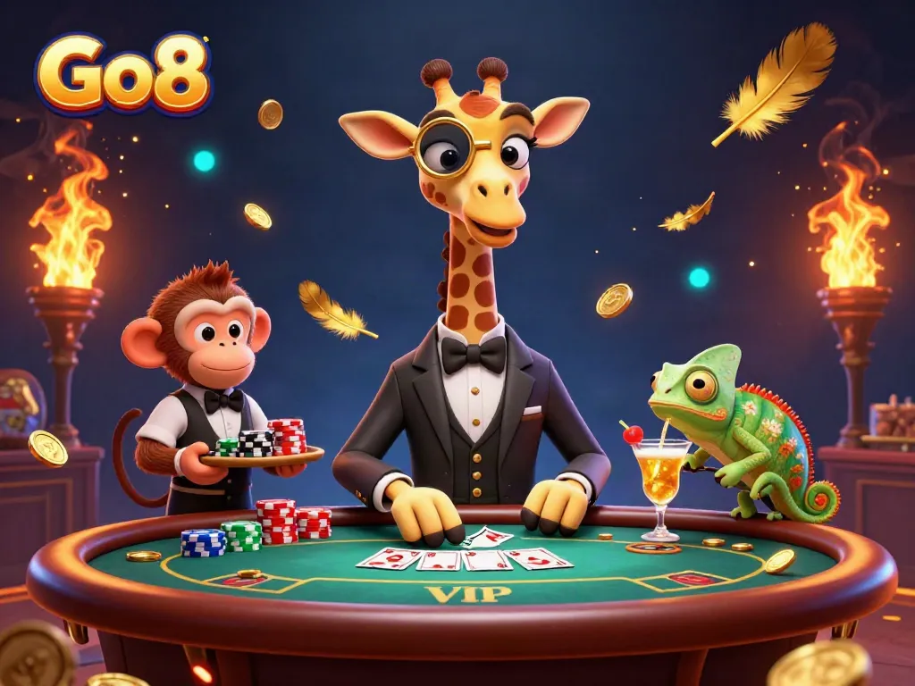 Engage in Go8 gaming with a lavish scene featuring a high-roller giraffe at a poker table surrounded by vibrant casino elements.