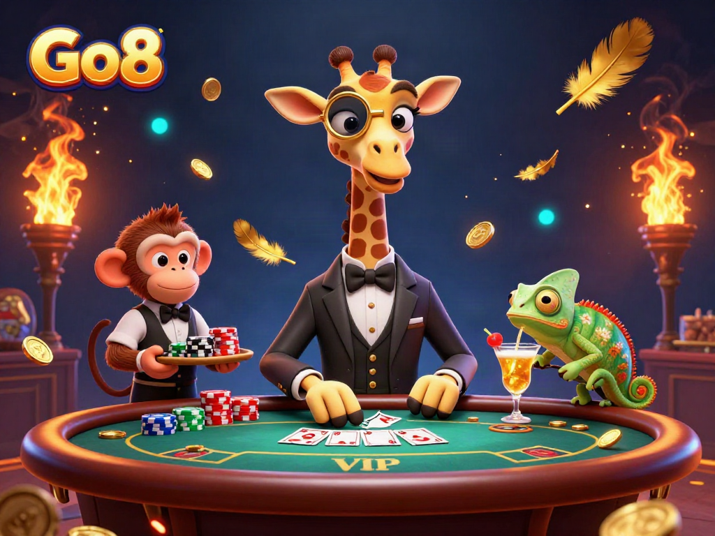 Engage in Go8 gaming with a lavish scene featuring a high-roller giraffe at a poker table surrounded by vibrant casino elements.