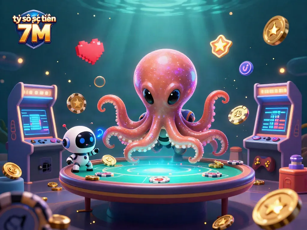 Engage with tỷ số trực tuyến 7M featuring a vibrant 3D scene of a cartoon octopus running a holographic poker table.