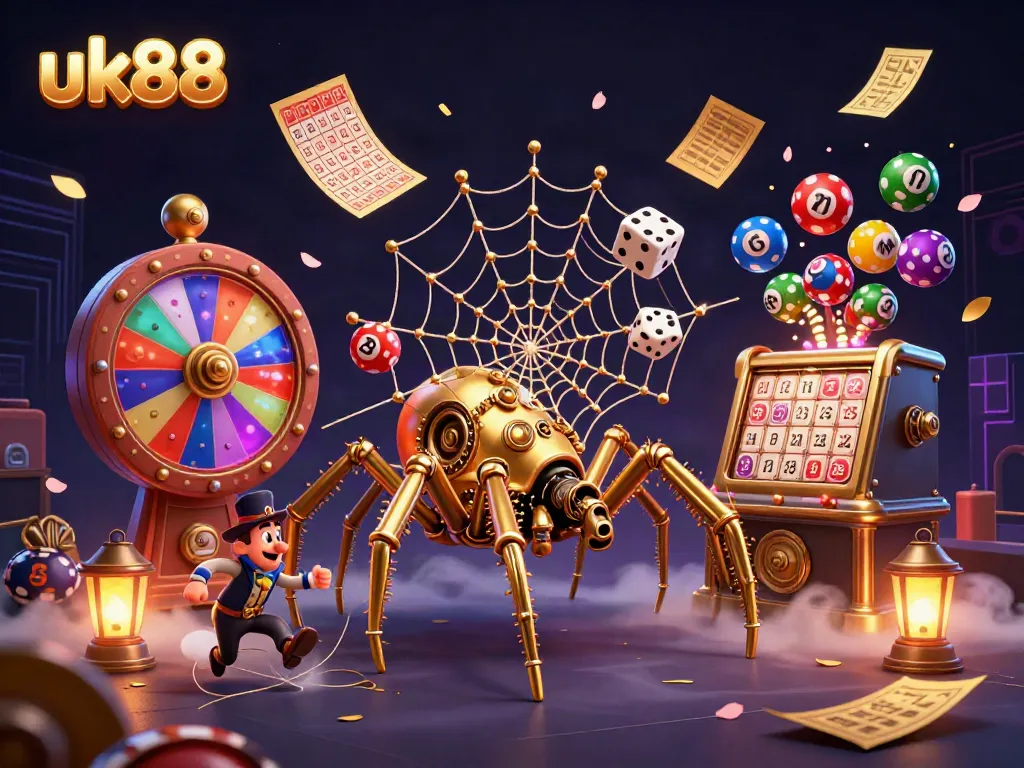 Engaging lottery gameplay featuring the uk88 steampunk spider entangled in a web of golden chains.