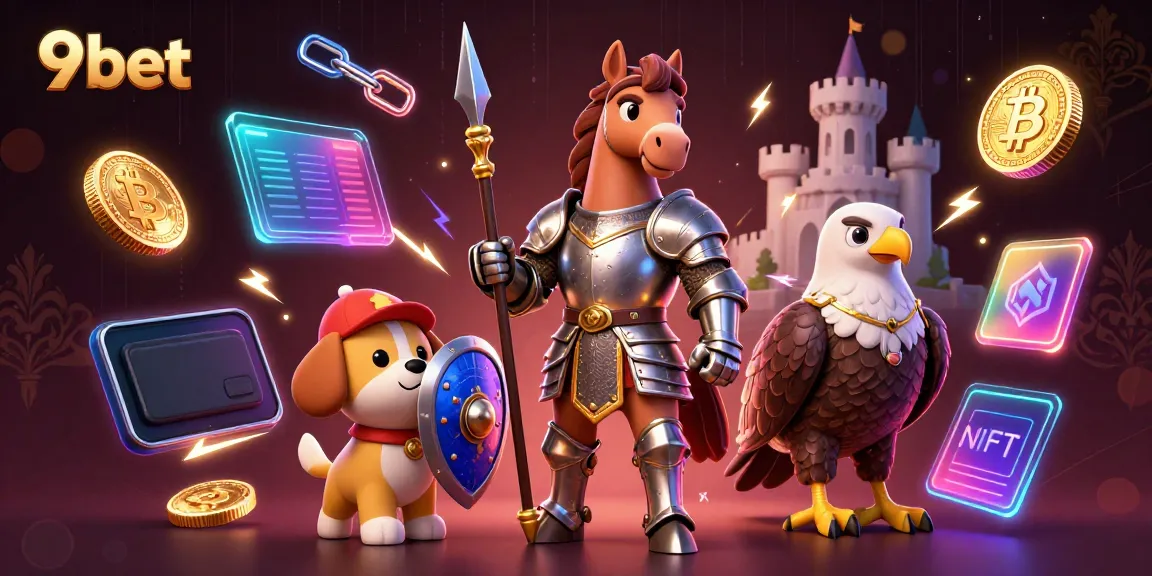 Experience exciting betting at 9bet with a vibrant casino-themed illustration, featuring characters and cryptocurrencies.