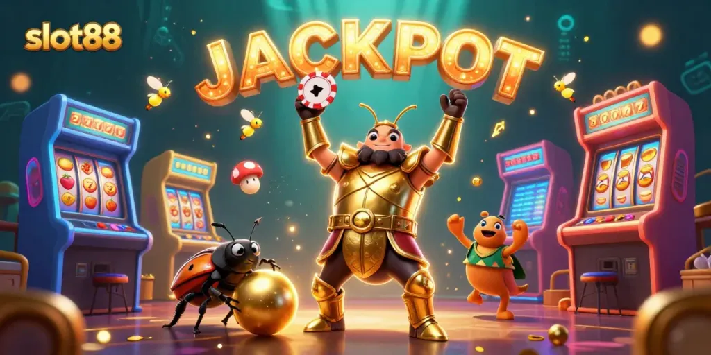 Slot88 menampilkan ilustrasi 3D bug di kasino dengan simbol buah di latar belakang.