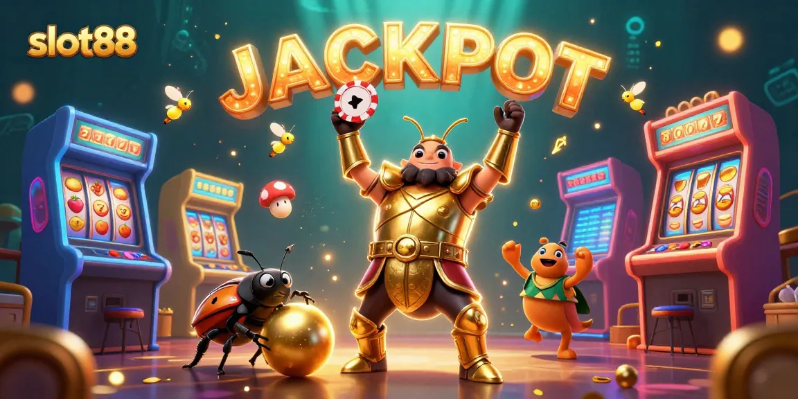 Slot88 menampilkan ilustrasi 3D bug di kasino dengan simbol buah di latar belakang.