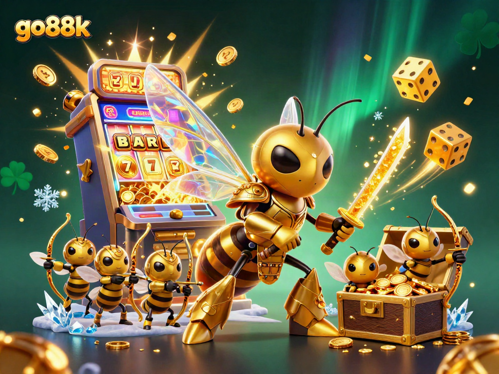 Experience the excitement of go88k with a stunning 3D illustration of a casino-themed scene bursting with activity.