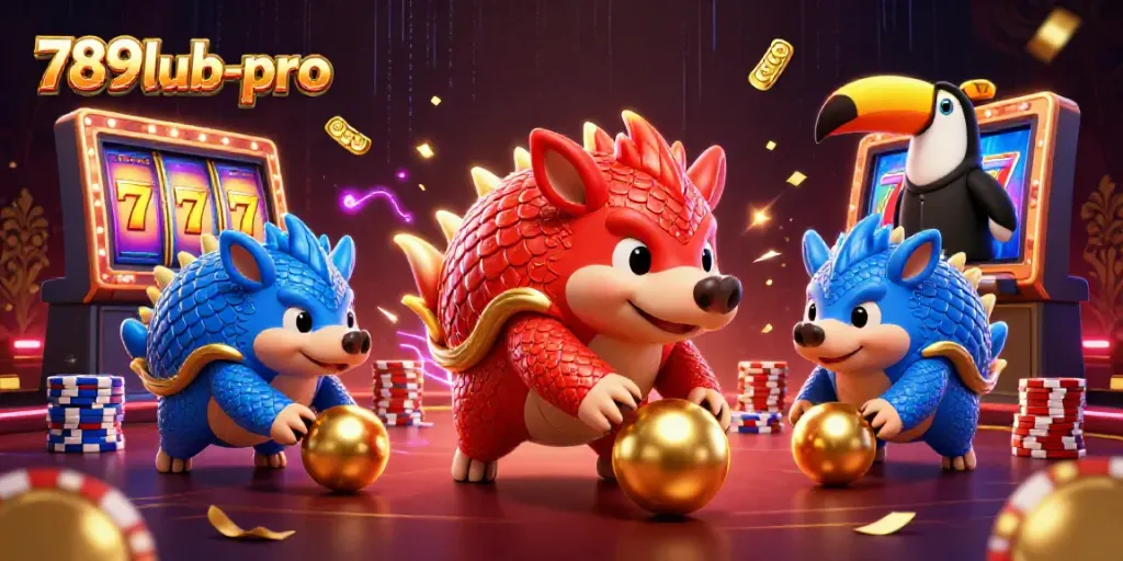 Engage in thrilling gameplay at 789lub-pro with cartoon pangolins at a slot machine showdown.