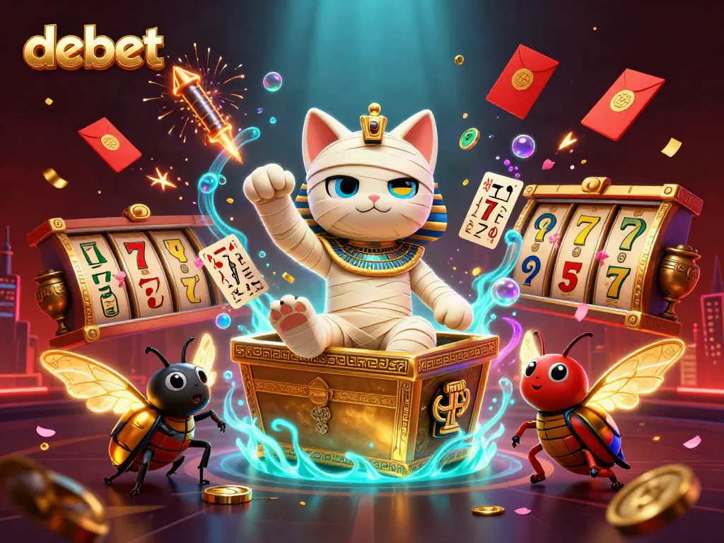 Join the fun at debet, where the mummy cat surprises in a vibrant casino scene with slot reels.