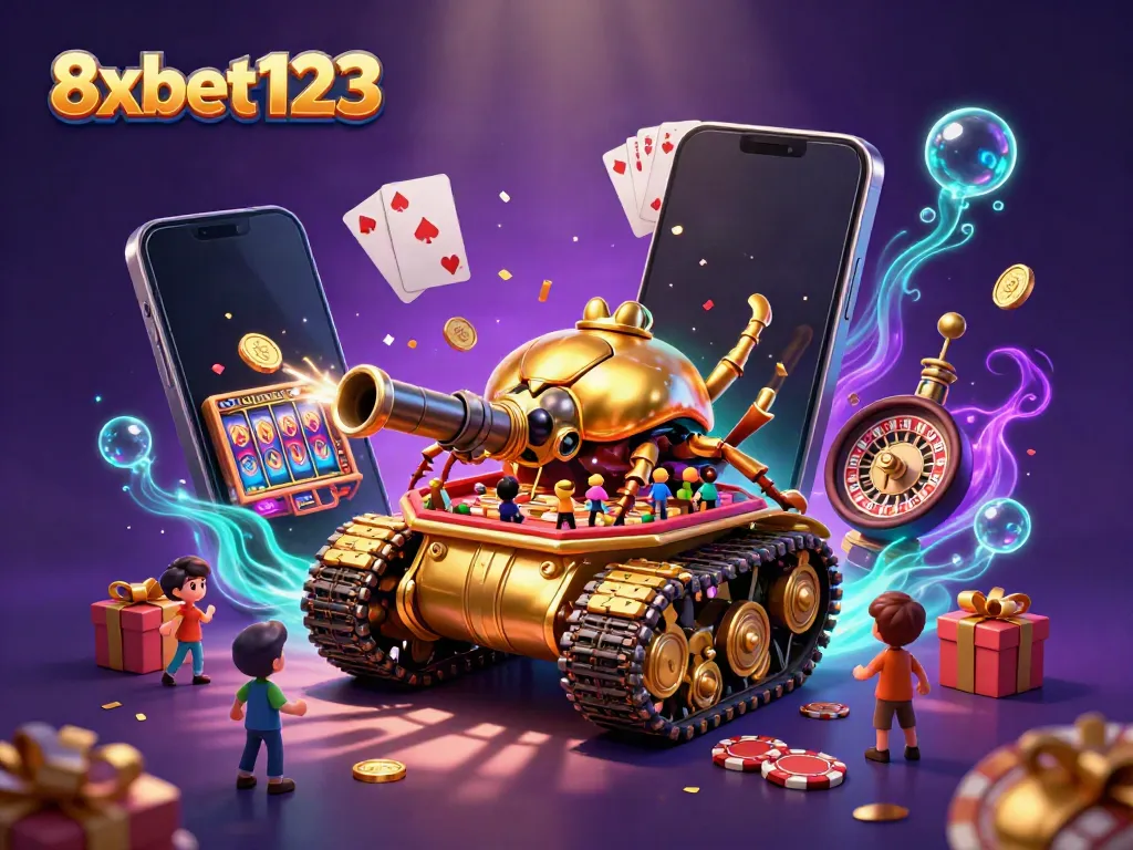 Play the exciting 8xbet123 slot games as golden coins erupt and confetti shoots from a mini casino tank.