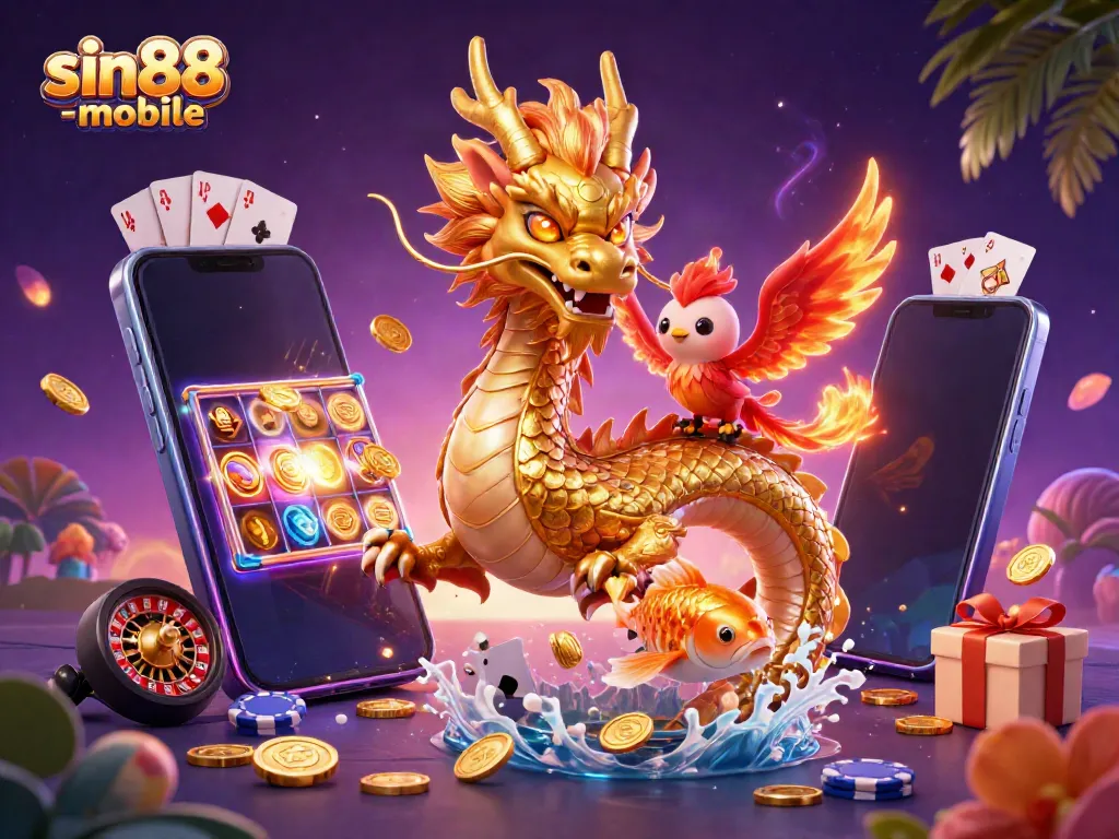 Experience the thrills with sin88-mobile's vivid illustration featuring a dragon, phoenix, and koi in a rich casino setting.