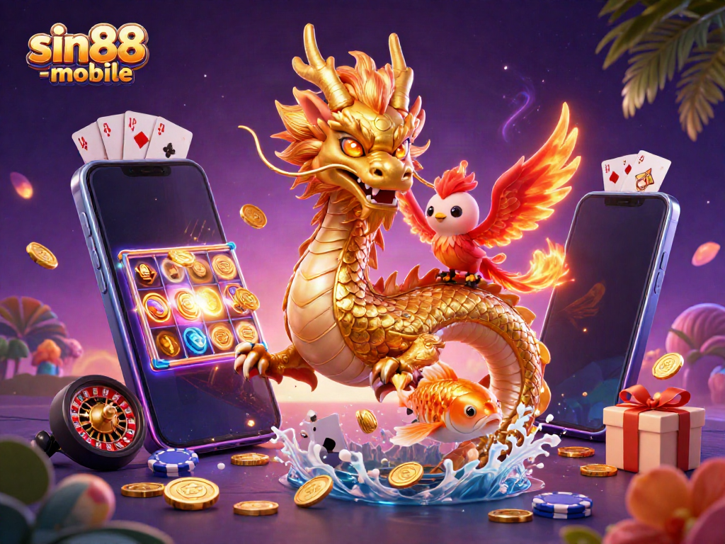 Experience the thrills with sin88-mobile's vivid illustration featuring a dragon, phoenix, and koi in a rich casino setting.
