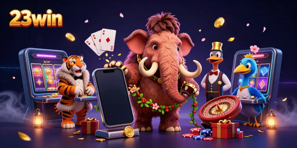 Experience thrilling casino action with 23win's vibrant 3D illustration featuring unique characters.