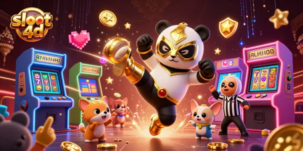 Rasakan keseruan bermain slot 4d dengan panda pegulat terbang dan penonton hewan bersemangat.