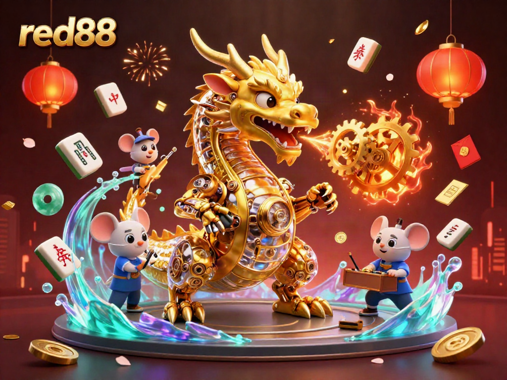 Engage with a vibrant red88 casino scene, featuring a golden dragon amidst captivating gaming elements and glowing lanterns.