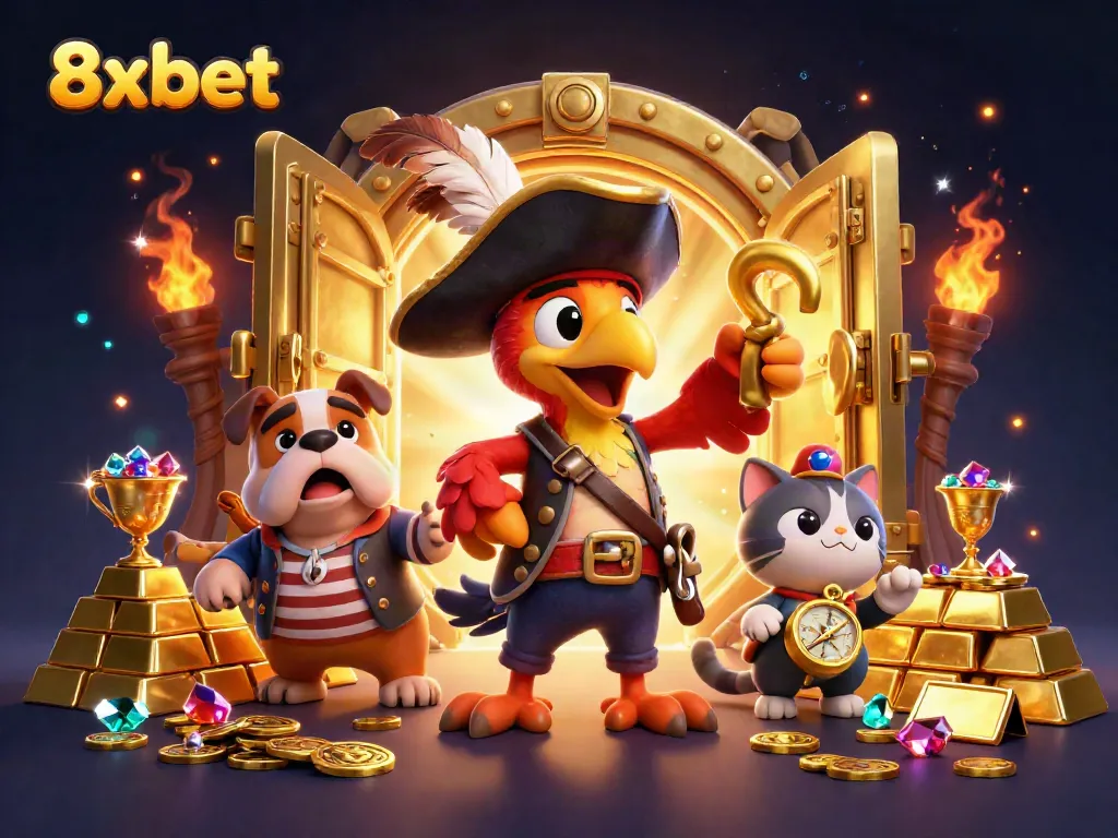 Experience thrilling adventures with 8xbet's captivating pirate-themed gaming illustration.