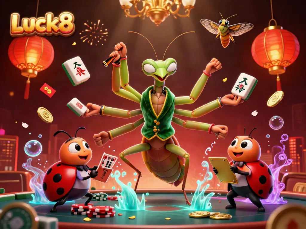 Luck8's vibrant illustration showcases a giant card sharp and a pit boss in a colorful casino setting, elevating the gaming experience.