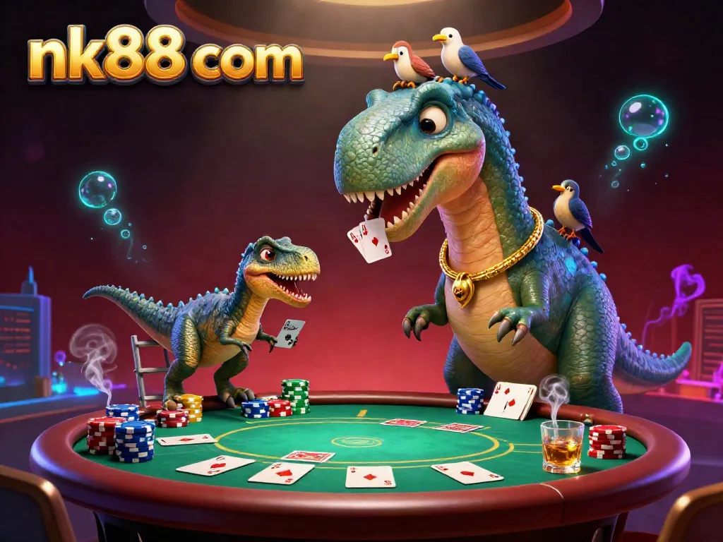 Engaging scene showcasing nk88 com with a brontosaurus and raptor in a lively casino atmosphere, emphasizing poker gaming.