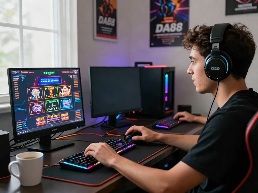Engaged gamer playing on DA88 with gaming setup in a vibrant room, showcasing excitement in online betting.