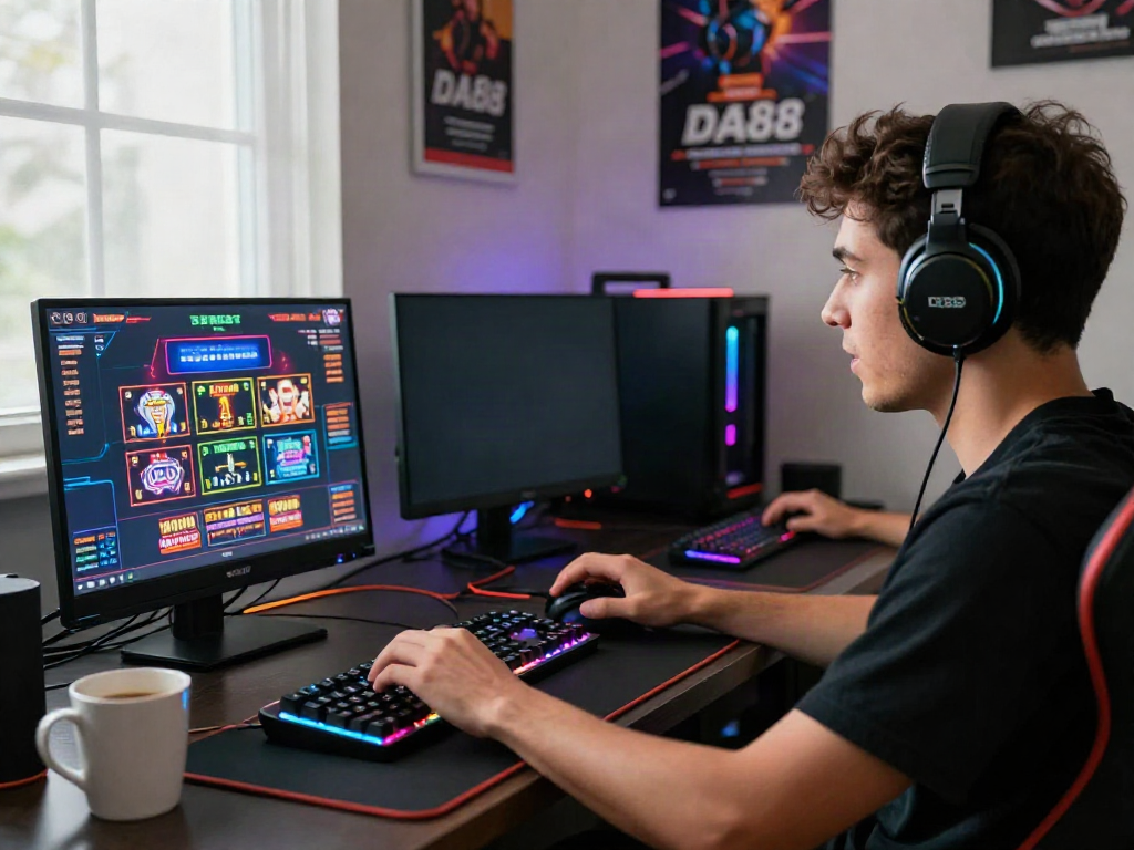 Engaged gamer playing on DA88 with gaming setup in a vibrant room, showcasing excitement in online betting.