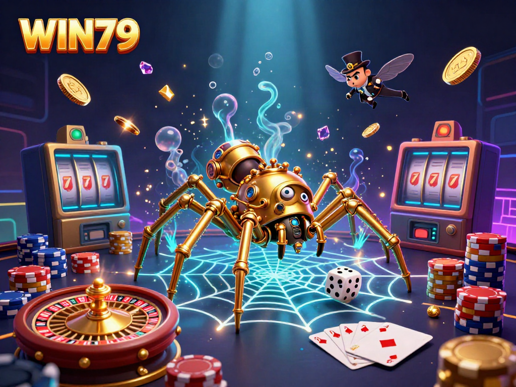 Win79 showcases a captivating scene of a steampunk spider entangled in a web of chips