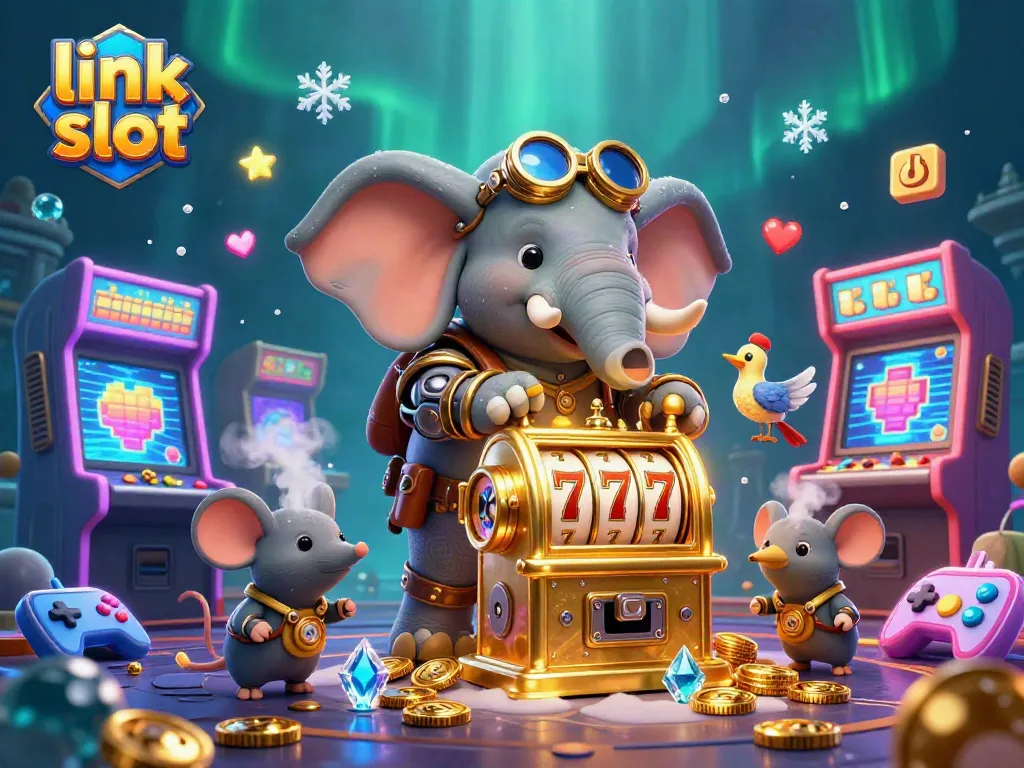 Engage with link slot excitement through a detailed illustration of a steampunk elephant at a golden slot machine.