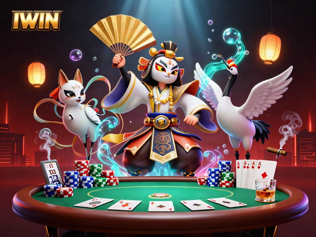 IWIN interactive casino scene with a kabuki warrior, poker elements, and vibrant effects.