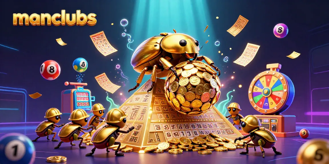 Experience manclubs' vibrant games, featuring a golden beetle rolling coins in a dynamic casino scene.
