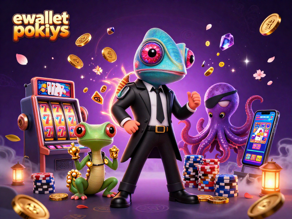 Experience ewallet pokies excitement with a vibrant scene of cartoon characters amidst cascading casino elements.