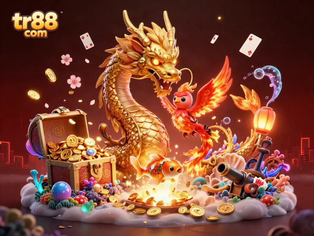 Engage with thrilling gameplay on tr88 com, featuring a golden dragon and phoenix amidst a vibrant casino scene.